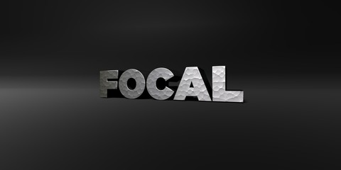 FOCAL - hammered metal finish text on black studio - 3D rendered royalty free stock photo. This image can be used for an online website banner ad or a print postcard.