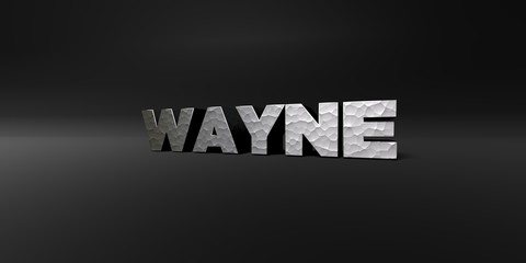 WAYNE - hammered metal finish text on black studio - 3D rendered royalty free stock photo. This image can be used for an online website banner ad or a print postcard.