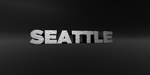 SEATTLE - hammered metal finish text on black studio - 3D rendered royalty free stock photo. This image can be used for an online website banner ad or a print postcard.