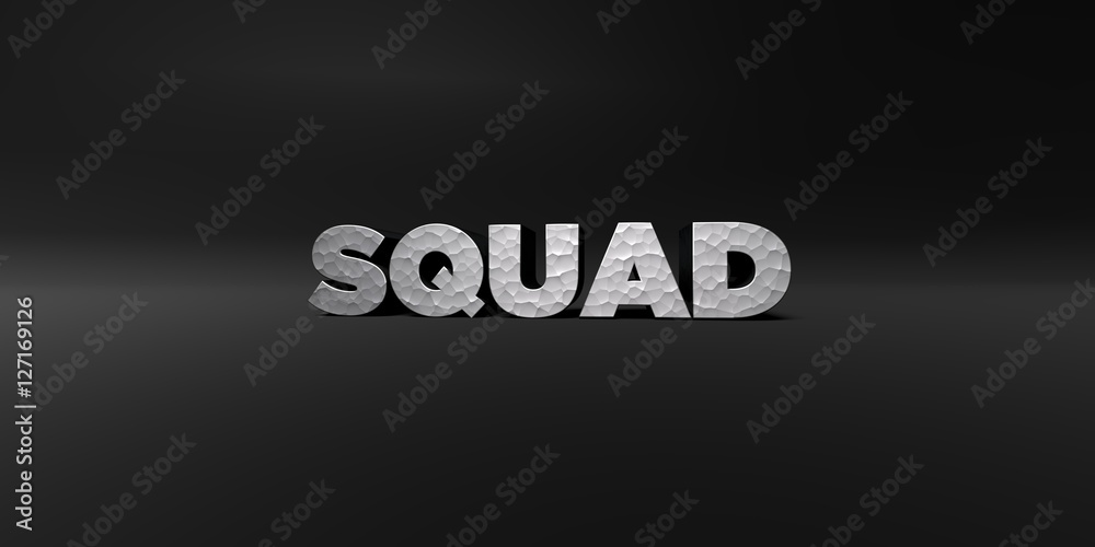 Fototapete squad - hammered metal finish text on black studio - 3d rendered royalty free stock photo. this imag