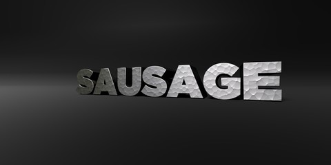 Obraz premium SAUSAGE - hammered metal finish text on black studio - 3D rendered royalty free stock photo. This image can be used for an online website banner ad or a print postcard.