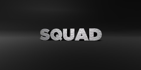 SQUAD - hammered metal finish text on black studio - 3D rendered royalty free stock photo. This image can be used for an online website banner ad or a print postcard.
