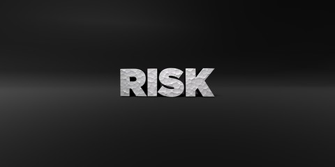 RISK - hammered metal finish text on black studio - 3D rendered royalty free stock photo. This image can be used for an online website banner ad or a print postcard.