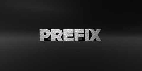 PREFIX - hammered metal finish text on black studio - 3D rendered royalty free stock photo. This image can be used for an online website banner ad or a print postcard.