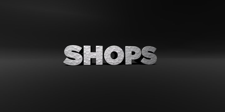 SHOPS - hammered metal finish text on black studio - 3D rendered royalty free stock photo. This image can be used for an online website banner ad or a print postcard.