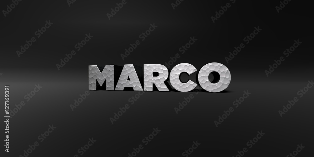 Fototapete marco - hammered metal finish text on black studio - 3d rendered royalty free stock photo. this imag