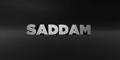 SADDAM - hammered metal finish text on black studio - 3D rendered royalty free stock photo. This image can be used for an online website banner ad or a print postcard.