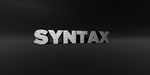 SYNTAX - hammered metal finish text on black studio - 3D rendered royalty free stock photo. This image can be used for an online website banner ad or a print postcard.
