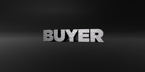 BUYER - hammered metal finish text on black studio - 3D rendered royalty free stock photo. This image can be used for an online website banner ad or a print postcard.