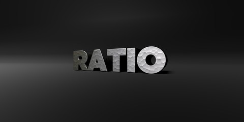 RATIO - hammered metal finish text on black studio - 3D rendered royalty free stock photo. This image can be used for an online website banner ad or a print postcard.