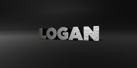 LOGAN - hammered metal finish text on black studio - 3D rendered royalty free stock photo. This image can be used for an online website banner ad or a print postcard.
