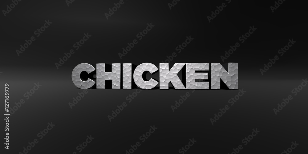 Fototapete chicken - hammered metal finish text on black studio - 3d rendered royalty free stock photo. this im