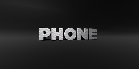 PHONE - hammered metal finish text on black studio - 3D rendered royalty free stock photo. This image can be used for an online website banner ad or a print postcard.