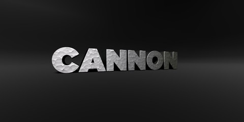 CANNON - hammered metal finish text on black studio - 3D rendered royalty free stock photo. This image can be used for an online website banner ad or a print postcard.