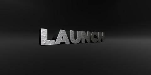 Fototapeta premium LAUNCH - hammered metal finish text on black studio - 3D rendered royalty free stock photo. This image can be used for an online website banner ad or a print postcard.
