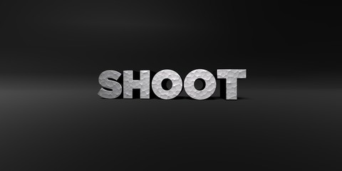 SHOOT - hammered metal finish text on black studio - 3D rendered royalty free stock photo. This image can be used for an online website banner ad or a print postcard.