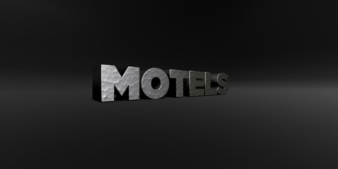 MOTELS - hammered metal finish text on black studio - 3D rendered royalty free stock photo. This image can be used for an online website banner ad or a print postcard.
