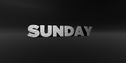 SUNDAY - hammered metal finish text on black studio - 3D rendered royalty free stock photo. This image can be used for an online website banner ad or a print postcard.