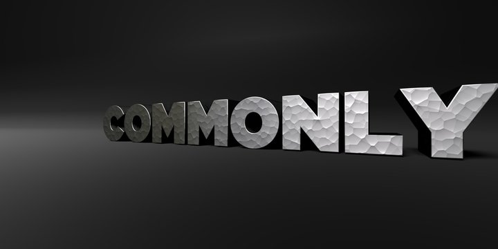 COMMONLY - hammered metal finish text on black studio - 3D rendered royalty free stock photo. This image can be used for an online website banner ad or a print postcard.