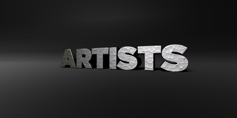 ARTISTS - hammered metal finish text on black studio - 3D rendered royalty free stock photo. This image can be used for an online website banner ad or a print postcard.