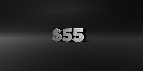 $55 - hammered metal finish text on black studio - 3D rendered royalty free stock photo. This image can be used for an online website banner ad or a print postcard.