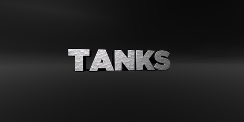 TANKS - hammered metal finish text on black studio - 3D rendered royalty free stock photo. This image can be used for an online website banner ad or a print postcard.