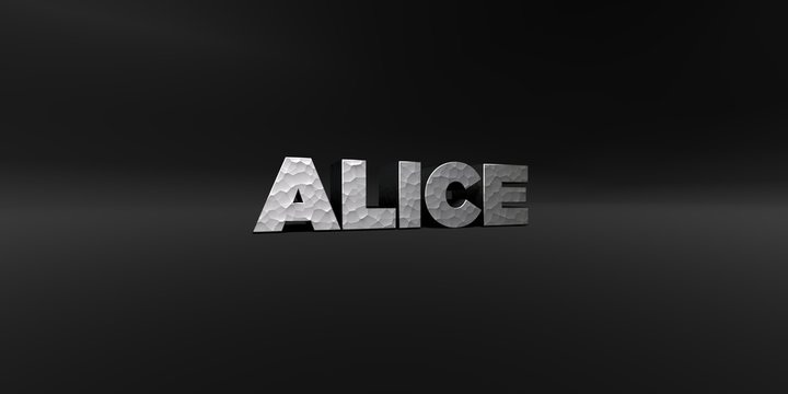 ALICE - hammered metal finish text on black studio - 3D rendered royalty free stock photo. This image can be used for an online website banner ad or a print postcard.