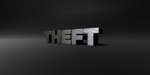 THEFT - hammered metal finish text on black studio - 3D rendered royalty free stock photo. This image can be used for an online website banner ad or a print postcard.