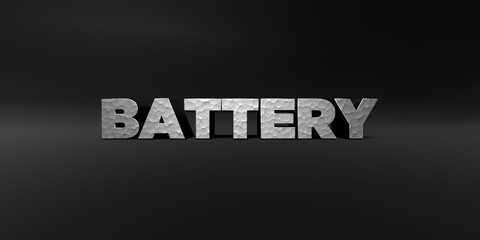 BATTERY - hammered metal finish text on black studio - 3D rendered royalty free stock photo. This image can be used for an online website banner ad or a print postcard.