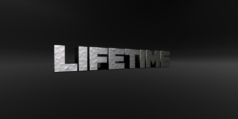 LIFETIME - hammered metal finish text on black studio - 3D rendered royalty free stock photo. This image can be used for an online website banner ad or a print postcard.