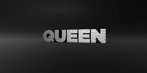 QUEEN - hammered metal finish text on black studio - 3D rendered royalty free stock photo. This image can be used for an online website banner ad or a print postcard.