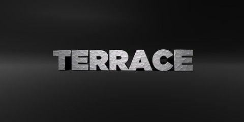 TERRACE - hammered metal finish text on black studio - 3D rendered royalty free stock photo. This image can be used for an online website banner ad or a print postcard.