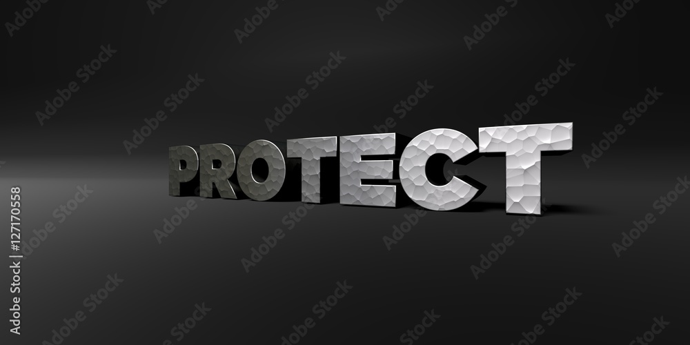 Fototapete protect - hammered metal finish text on black studio - 3d rendered royalty free stock photo. this im