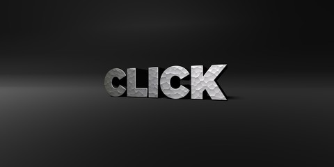 CLICK - hammered metal finish text on black studio - 3D rendered royalty free stock photo. This image can be used for an online website banner ad or a print postcard.