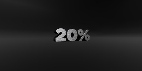 20% - hammered metal finish text on black studio - 3D rendered royalty free stock photo. This image can be used for an online website banner ad or a print postcard.