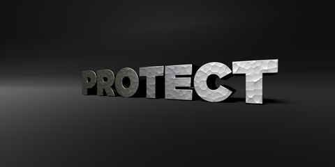 PROTECT - hammered metal finish text on black studio - 3D rendered royalty free stock photo. This image can be used for an online website banner ad or a print postcard.