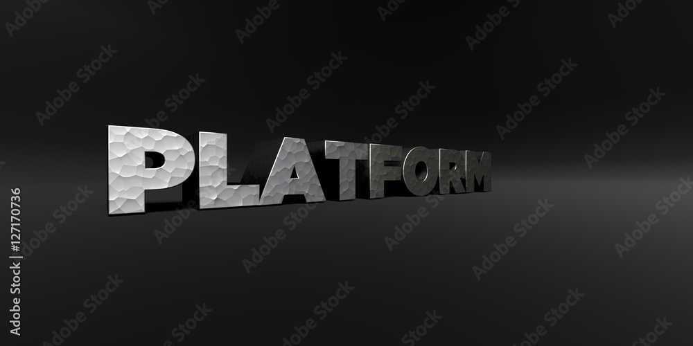 Fototapete PLATFORM - hammered metal finish text on black studio - 3D rendered royalty free stock photo. This image can be used for an online website banner ad or a print postcard.