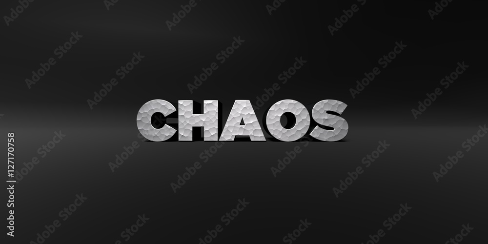 Fototapete chaos - hammered metal finish text on black studio - 3d rendered royalty free stock photo. this imag