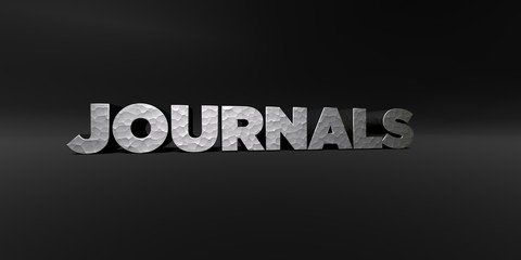 JOURNALS - hammered metal finish text on black studio - 3D rendered royalty free stock photo. This image can be used for an online website banner ad or a print postcard.