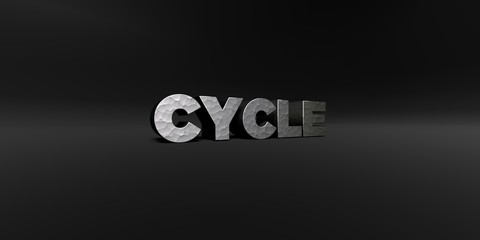 CYCLE - hammered metal finish text on black studio - 3D rendered royalty free stock photo. This image can be used for an online website banner ad or a print postcard.