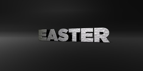 EASTER - hammered metal finish text on black studio - 3D rendered royalty free stock photo. This image can be used for an online website banner ad or a print postcard.