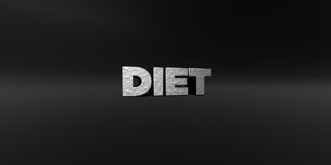 DIET - hammered metal finish text on black studio - 3D rendered royalty free stock photo. This image can be used for an online website banner ad or a print postcard.