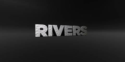 RIVERS - hammered metal finish text on black studio - 3D rendered royalty free stock photo. This image can be used for an online website banner ad or a print postcard.