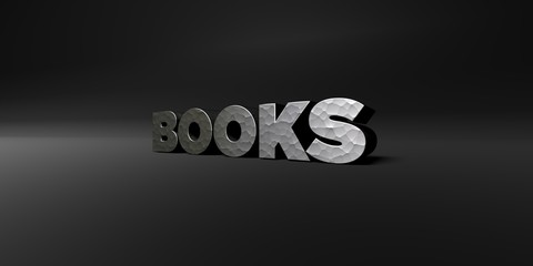 BOOKS - hammered metal finish text on black studio - 3D rendered royalty free stock photo. This image can be used for an online website banner ad or a print postcard.
