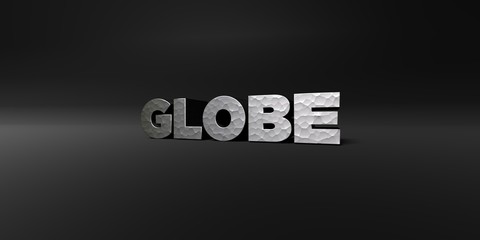 GLOBE - hammered metal finish text on black studio - 3D rendered royalty free stock photo. This image can be used for an online website banner ad or a print postcard.