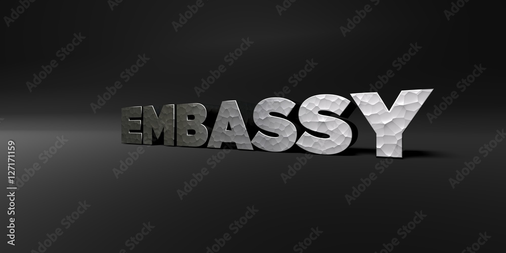 Fototapete embassy - hammered metal finish text on black studio - 3d rendered royalty free stock photo. this im