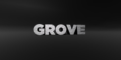GROVE - hammered metal finish text on black studio - 3D rendered royalty free stock photo. This image can be used for an online website banner ad or a print postcard.