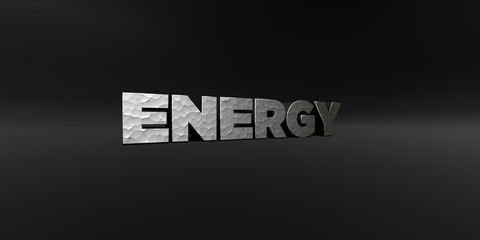 ENERGY - hammered metal finish text on black studio - 3D rendered royalty free stock photo. This image can be used for an online website banner ad or a print postcard.