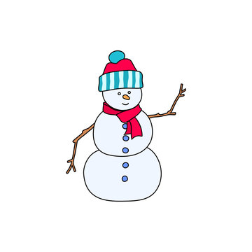 Christmas White Snowman in a Hat and Scarf Isolated on White Background, Merry Christmas and Happy New Year, Vector Illustration