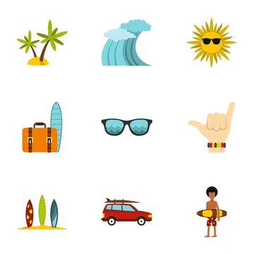 Swimming on surf icons set. Flat illustration of 9 swimming on surf vector icons for web